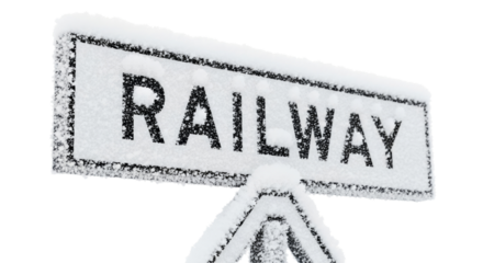 Snow-covered railway sign close-up  isolated on a transparent background   with frost  