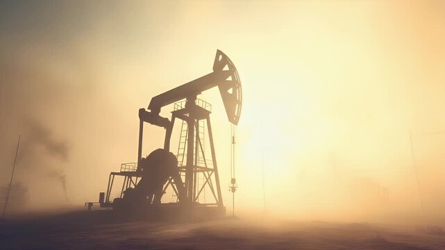 A digital artwork depicting an oil pump jack in a foggy landscape. The style is realistic with a touch of fantasy due to the misty atmosphere. The main subject is the pump jack.