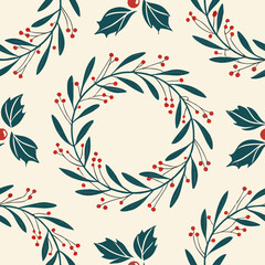 Seamless pattern with circular wreaths made of pine, holly, and berries. Festive background for birthday or holiday wrapping paper and event decoration, vector illustration.