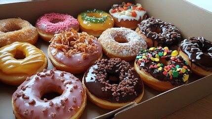 A box of assorted donuts with various toppings and flavors, perfect for a sweet treat or dessert