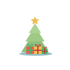 Minimalist Christmas Tree with Star Topper and Colorful Presents Beneath, Ideal for Holiday Greetings, Festive Celebrations, and Seasonal Gift-Giving Graphics.