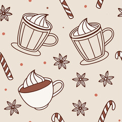 Seamless pattern with holiday beverages. Festive background for birthday or holiday wrapping paper and event decoration, vector illustration.