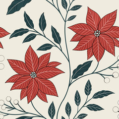 Seamless pattern with large red poinsettia flowers. Festive background for birthday or holiday wrapping paper and event decoration, vector illustration.