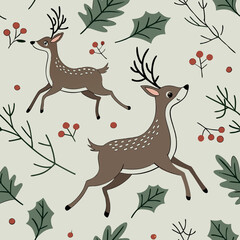 Seamless pattern with reindeer, holly branches, berries, and snowflakes. Festive background for birthday or holiday wrapping paper and event decoration, vector illustration.