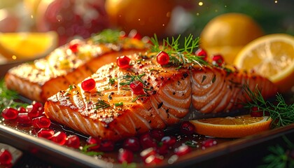 Naklejka premium Pieczone filety z łososia z granatem, plasterkami pomarańczy i cytryn