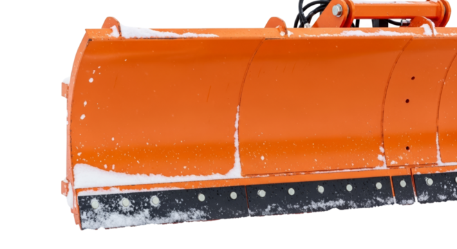 Orange snowplow blade covered in snow for winter road clearing  