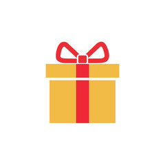 Yellow Gift Box Illustration Tied with a Red Ribbon and Bow, Ideal for Holiday Presents, Festive Celebrations, Surprise Concepts, and Shopping Promotions.