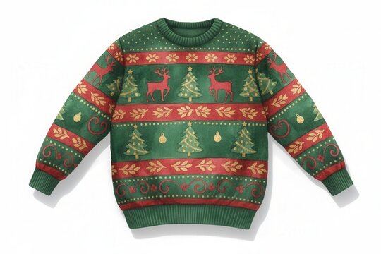 A festive Christmas sweater illustration with a traditional holiday pattern. Green and red jumper with reindeer and trees isolated on a white background