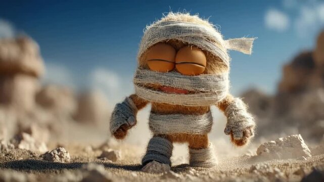 A small, cartoonish mummy-like creature, light beige/tan in color, is wrapped in bandages and walks across a sandy desert landscape.  