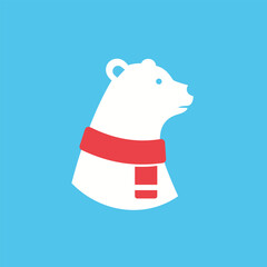 Cute Polar Bear Head Illustration Wearing a Red Scarf, Ideal for Winter Holiday Mascots, Cold Weather Themes, and Seasonal Celebration Graphics.