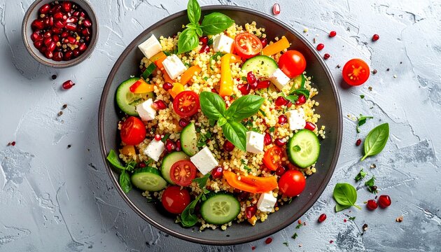 Sałatka z bulgurem z dodatkiem og&oacute;rka, papryki, pomidork&oacute;w koktajlowych, sera feta, i pestek granatu