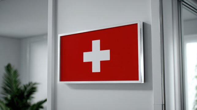 Red and White Swiss Flag Sign on Wall in Modern Office Interior