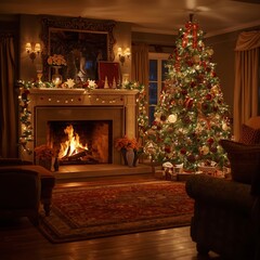 Elegant Christmas Room with Tree and Fireplace Glow