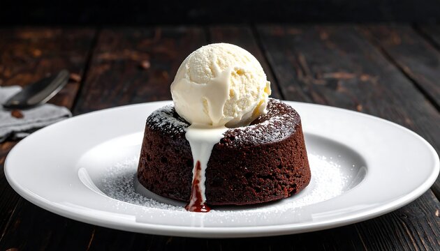 A rich chocolate dessert, topped with a scoop of vanilla ice cream melting down the side, served on a white plate