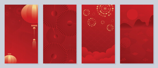 Red Chinese New Year 2026 poster vector set with golden lanterns, firework sparkles and geometric patterns for festive greeting cards, banners and luxury print decoration