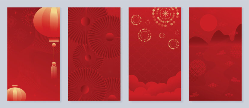 Red Chinese New Year 2026 poster vector set with golden lanterns, firework sparkles and geometric patterns for festive greeting cards, banners and luxury print decoration