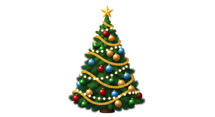 Christmas tree decorated with ornaments and lights isolated on transparent background