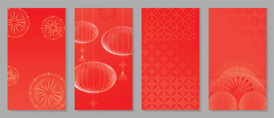 Fototapeta na wymiar Red Chinese New Year 2026 poster vector set with golden lanterns, firework sparkles and geometric patterns for festive greeting cards, banners and luxury print decoration