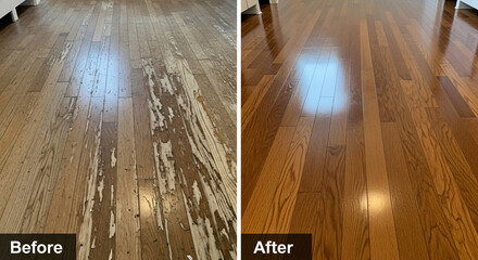 Hardwood floor repair transformation: damaged before, glossy after