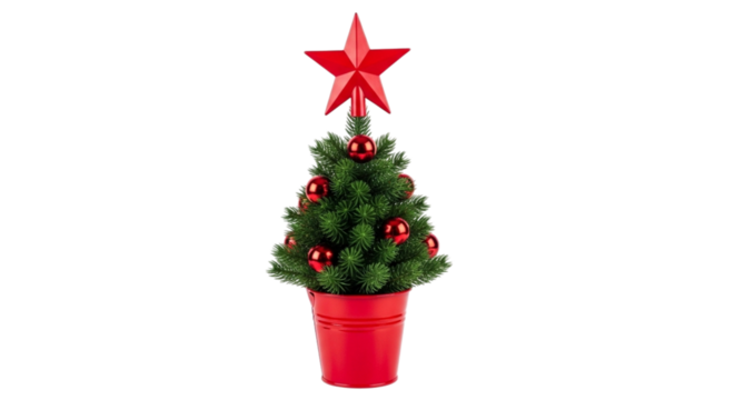 Small christmas tree with red ornaments isolated on transparent background