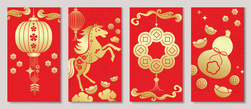 Chinese New Year and Year of the Horse red and gold vector red envelope set with lantern, golden horse, lucky coins, ingots, gourd charm and cloud decorations.