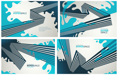 Blast of exploding lava over parallel lines in perspective vector abstract background set, concept of order converting to chaos as entropy is rising, surreal fluid splash.