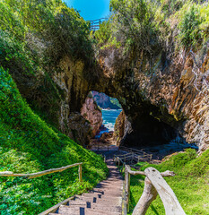 A view down steps leading to sea caves on West Head headland, South Africa in Springtime