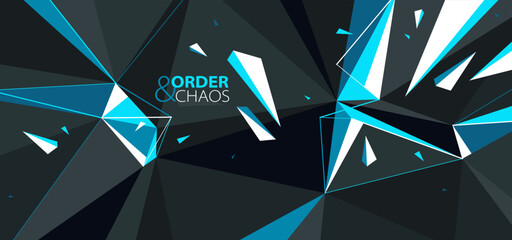 Abstract polygonal vector background of low poly surface and broken shapes particles in motion, black and blue colors order and chaos creative concept.