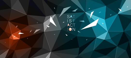 Low poly background with particles debris in motion and color spotlights vector design, 3D dynamic surface with debris explosion, triangular elements flying over polygonal backdrop.