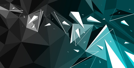 Low poly dark vector abstract background with dynamic particles in chaos, broken debris explosion mess polygonal abstraction, 3D structure dynamism.