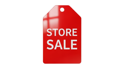 Bright red hanging label with 'Store Sale' text on transparent background  
