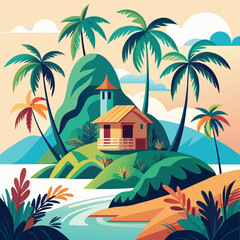 Tropical paradise island house with palm trees and ocean view