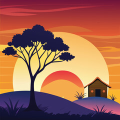 Sunset scene with tree, hills, house, vibrant colors, peaceful view
