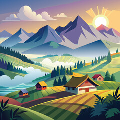 Serene Mountain Valley Landscape with Houses, Trees, and Fields serene