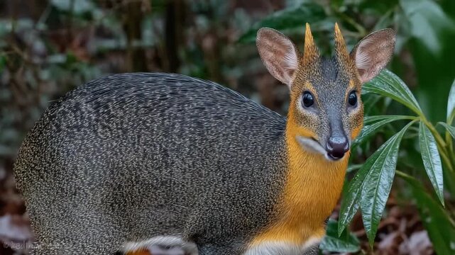 A small, colorful forest creature with tiny horns stands amidst greenery, close up portrait