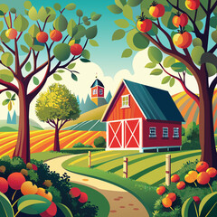 Scenic farm landscape illustration with red barn and apple trees
