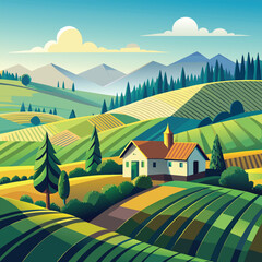 Rural landscape with house, fields, trees, and hills illustration art
