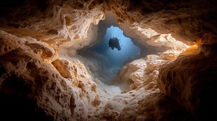 An adventurous scuba diver glides through a stunning underwater cave, illuminated by soft blue light. The surrounding rock formations create a breathtaking natural wonder, inviting exploration