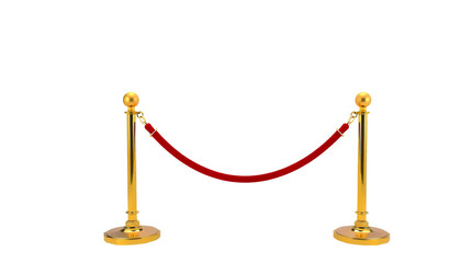 Four polished brass stanchions with crimson rope barriers, crowd control posts, luxury event equipment in perspective view on white, isolated on a transparent background
