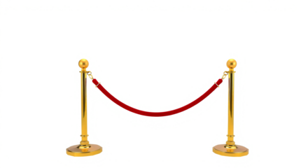 Four polished brass stanchions with crimson rope barriers, crowd control posts, luxury event equipment in perspective view on white, isolated on a transparent background
