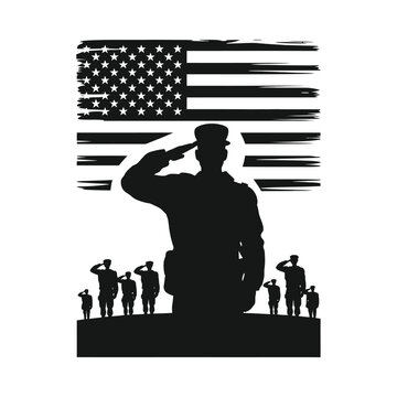 Silhouette of us soldier saluting in front of distressed american flag