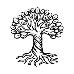 Stylized illustration of a twisted tree with visible roots and leafy canopy