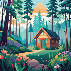 Cabin in the woods surrounded by nature and greenery art