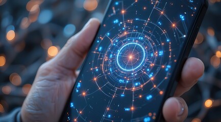 A modern smartphone with an abstract digital interface on the screen. The concept of technology, the future, and mobile innovation. Close-up of the hand with the phone