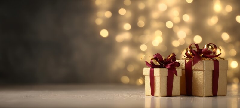 Elegant Christmas gift boxes in gold and deep red with satin ribbons, placed on reflective white surface under warm moody lighting, golden fairy lights and candle bokeh background - Powered by Adobe