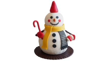 Joyful fondant snowman character wearing a festive scarf and hat, holding a candy cane, perfect for holiday celebrations and winter themes.