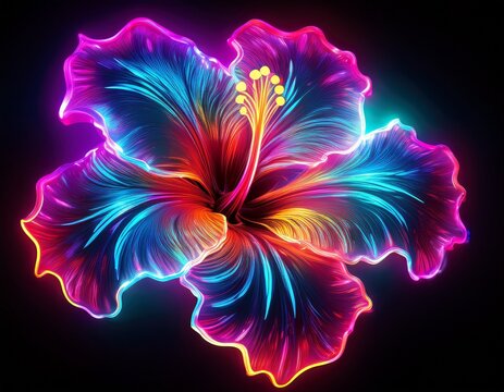 neon illuminated hibiscus bloom on black background an abstract digital rendering