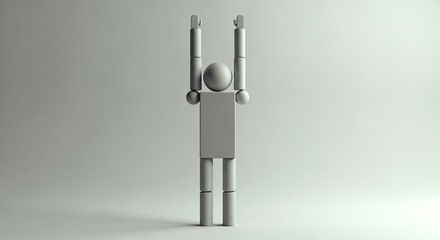 A minimalist abstract 3d render of a simple gray humanoid figure with arms raised in celebration or victory against a plain light gray background