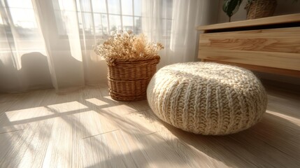 Fototapeta premium Cozy Interior with Knitted Pouf and Wicker Basket by Window.