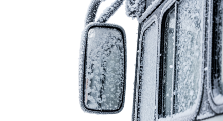 Frozen bus mirror covered in ice and frost during winter weather  
